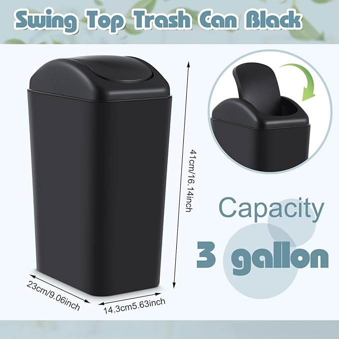Hoolerry 2 Pcs 3 Gallon/12 Liter Small Trash Can Plastic Kitchen Garbage with Lid Small Trash Bin for Bathroom Office Bedroom Kitchen Waste Outdoor (Black)