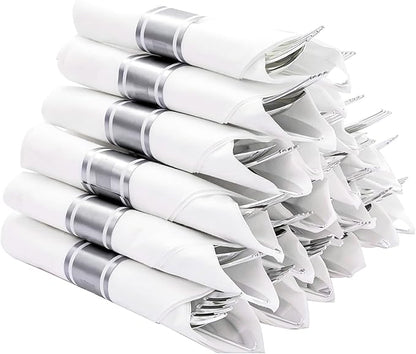 N9R 50 Pack Pre Rolled Silver Plastic Cutlery Set, 50 Forks, 50 Knives, 50 Spoons, 50 Napkins, Disposable Cutlery Set for Party and Wedding
