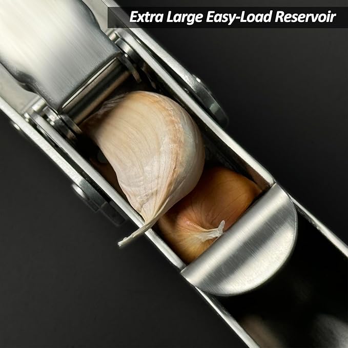 VOVOLY Premium Garlic Press Stainless Steel, No need to Peel Garlic Presser, Heavy Duty Professional Grade Double Lever-Assisted Garlic Mincer with High Capacity Chamber- Easier Clean Garlic Crusher