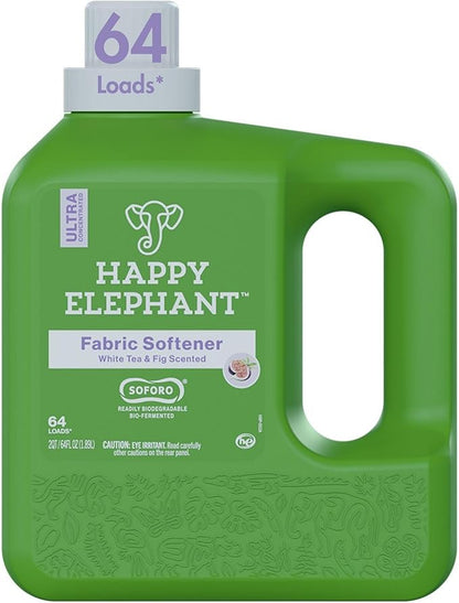 Happy Elephant Fabric Softener, White Tea & Fig Scent, Natural Biodegradable Liquid Fabric Softener, Plant Based, Softens Clothes & Reduces Static, Gentle on Skin, HE Compatible, 64 Fl Oz, 1 Pack