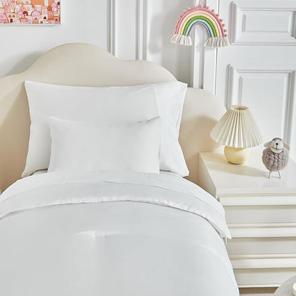 Toddler Bedding Set - 5 Piece Soft and Breathable Toddler Bed Set for Boys and Girls, Includes Quilted Comforter, Fitted Sheet, Flat Top Sheet, Standard Pillowcase and Toddler Pillowcase, White