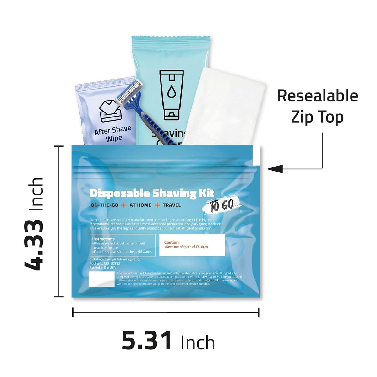Shaving Kit with Razor, Shaving Cream, Washcloth & Aftershave Wipe – Men’s Travel Shave Set for Hotels, Shelters & Outreach – Disposable Grooming Pack (Blue) (100)