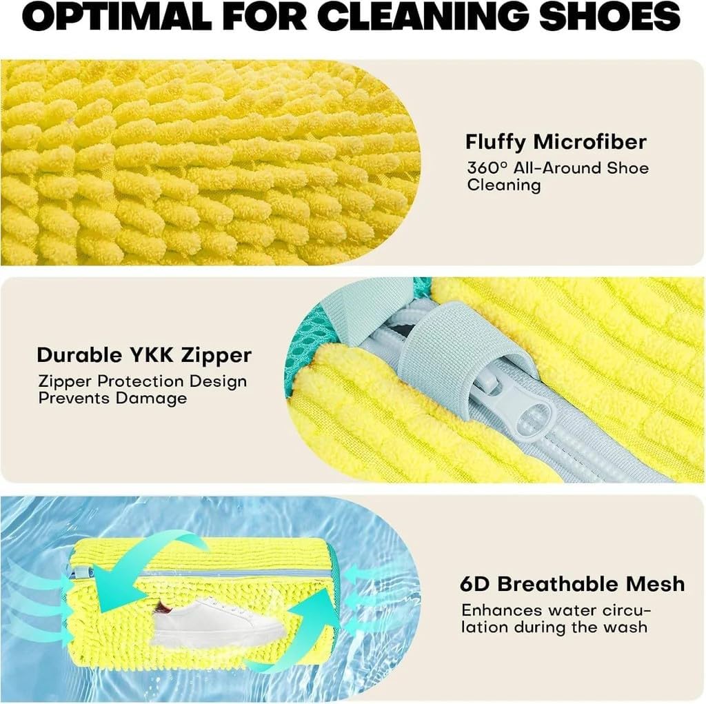 2-Pack Shoe Laundry Bags for Washer & Dryer – Reusable Sneaker laundry Bag with 360° Microfiber Cushion – Anti-Deform, Tear-Resistant, Foldable shoe washing machine bag, 39x19cm – Yellow