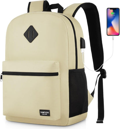 School Backpack,Unisex Classic Bookbag Teens Schoolbag with USB Port for High School College Office Work Travel, 15.6 inch, Beige