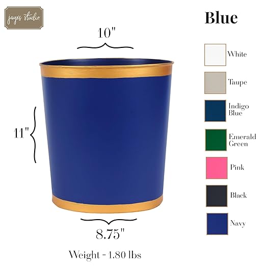 Jaye's Studio Decorative Waste Basket for Bathroom Trash Can Wastebasket, Oval Metal Trash Bin for Bedroom, Office, Blue Garbage Can for Dorm, Blue Trash Can Gold Office Decor, 12" x 10" x 8"