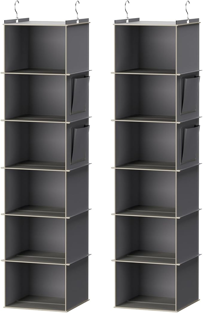 YOUDENOVA Hanging Closet Organizer, 6-Shelf Closet Hanging Storage Shelves, 2 Packs, Grey