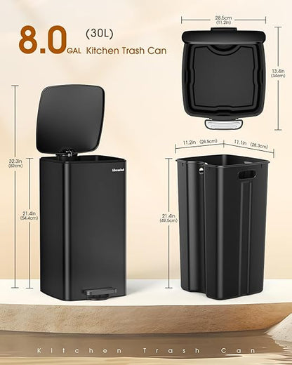 Lovewind Kitchen Trash Can with Lid, 8 Gallon/30 L Footstep Garbage Can for Kitchen Bedroom Home Office, 30 Liter Trash Bin Brushed Stainless Steel Waste Bin with Soft-Close Lid,Black