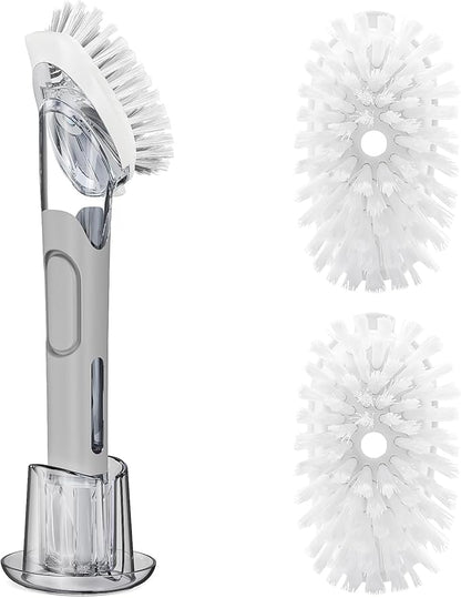 Soap Dispensing Replacement Dish Brush Storage Set with 2 PCS Brush Refills & Holder - RIMAY Dispenser Scrub Cleaning Scrubber Kitchen Dishwashing Dish Wand Handle for Dishes/Pans/Pots/Sink(Grey)