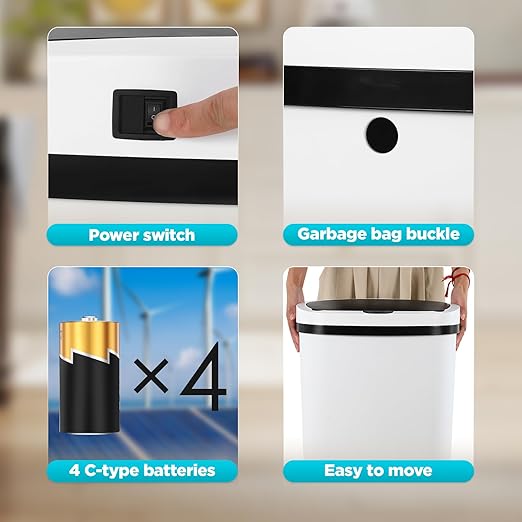 Automatic Motion Sensor Bathroom Trash Can with Lid, 13 Gallon Touchless Trash Bin, Smart Dog Proof Garbage Can, Touch Free Waste Basket for Toilet, Office, Bedroom,White,2