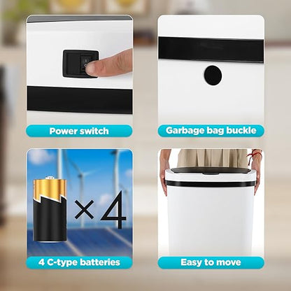 Automatic Motion Sensor Bathroom Trash Can with Lid, 13 Gallon Touchless Trash Bin, Smart Dog Proof Garbage Can, Touch Free Waste Basket for Toilet, Office, Bedroom,White,2