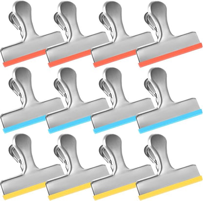 HOUSE AGAIN 12 Small Pack Stainless Steel Chip Bag Clips Covered with Silicone - NO More Sharp Edges - Color Coded for Food Bags - Air Tight Seal, Heavy Duty for Kitchen and Office, 2.5 Inches