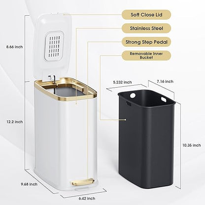 CEROELDA Small Bathroom Trash Can with Lid Soft Close-5L/1.3 Gal Slim Garbage Can-Metal Step Wastebasket-Rectangle Narrow Waste Bin for Office, Bedroom, Toilet, Live Room (White)