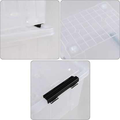 Set of 4 34 L Stackable Plastic Storage Bins with Latching Lids and Wheels, Clear Home Organization Container Box, See-Through