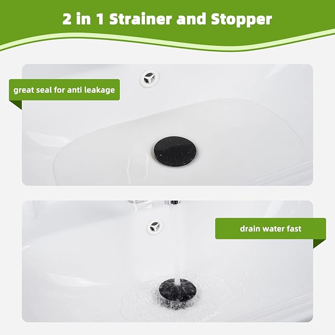 Universal 2PCS Bathroom Sink Stopper 2 in 1 Pop Up Metal Sink Drain Strainer with Hair Catcher, Fit for 1.1~2.36" Sink Basin Hole, Big Cover Cap, Anti-clog, Matte Black