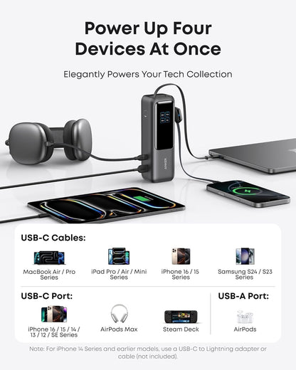Anker Laptop Power Bank, 25,000mAh Portable Charger with Triple 100W USB-C Ports, Built-in and Retractable Cables, for iPhone 16/15 Series, MacBook, Samsung, and More (Flight-Approved)