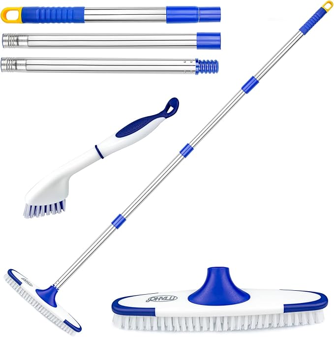 ITTAHO Floor Scrub Brush with Long Handle - 53" Deck & Grout Cleaner Brush Set for Tile, Marble, Stone, Bathroom, Patio, Garage, Deck & Floor Cleaning