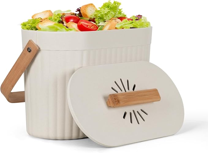 Odorless Counter Top Compost Bucket with Lid - Yatmung Small Kitchen Compost Bin Countertop - Narrow Sustainable Bamboo Composting Pail - Indoor Composter - Slim Food Waste Bin for Kitchen - Cream -