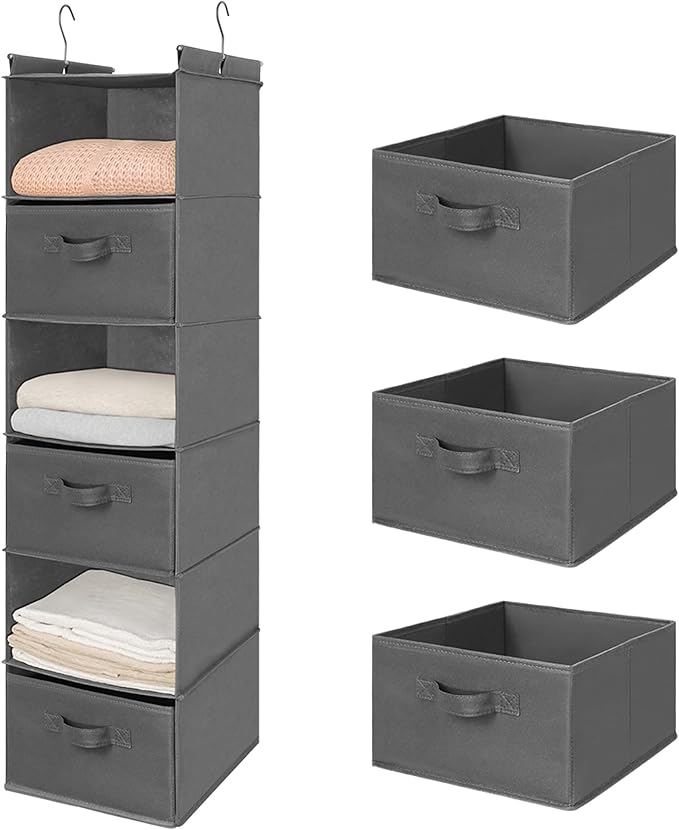 MAX Houser 6 Tier Shelf Hanging Closet Organizer, Closet Hanging Shelf with 2 Sturdy Hooks for Storage, Foldable (Grey-D3)