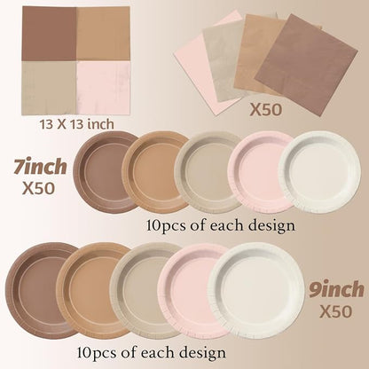 CMUSKO Boho Baby Shower Decorations-150Pcs Gradient Brown Plates and Napkins