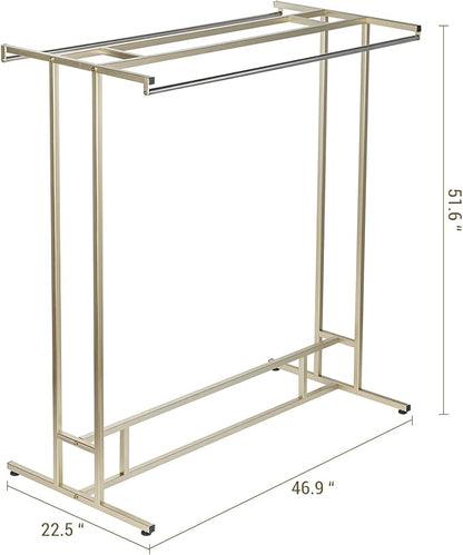 MyGift 4ft Tall Brass Tone Stainless Steel Freestanding Garment Rack, Heavy Duty Double Rod Clothes Closet Stand, Coat Dress Clothing Storage Display Shelf
