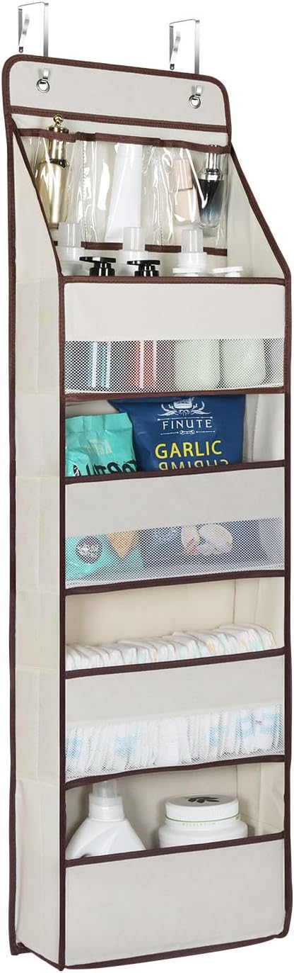 Univivi 5-Shelf Fabric Door Storage Over Door Hanging Organizer with 4 Large Pockets and 3 Small PVC Pockets Nursery Closet Cabinet Wall Mount Hanging Storage Organizers for Baby Nursery (Beige)