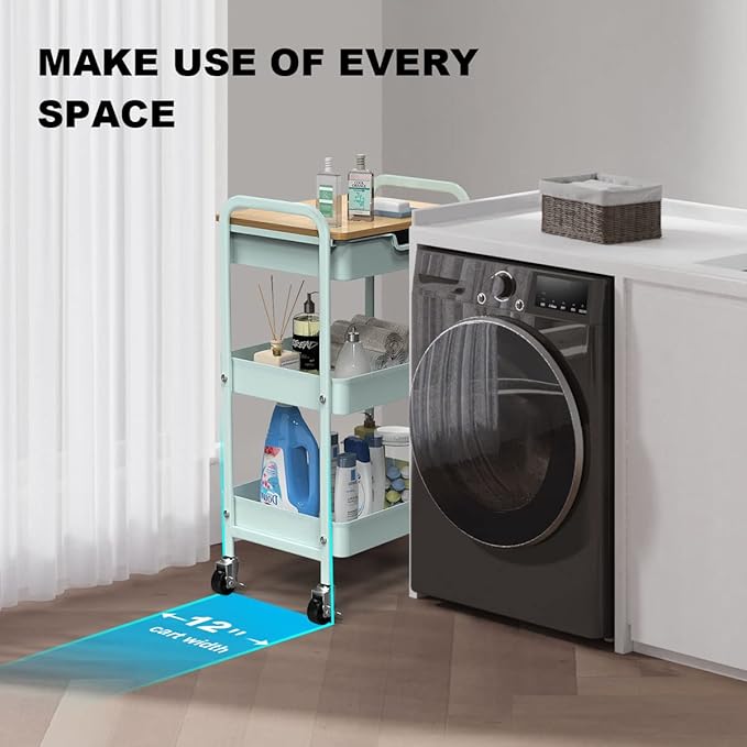 3 Tier Rolling Cart, Utility Cart with Drawer and Table Top, Metal Rolling Kitchen Storage Organizer Cart with Handle and Locking Wheels for Bathroom Office Balcony Living Room