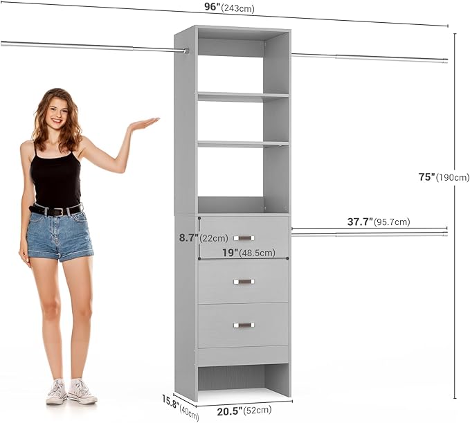 96'' Closet Organizer System with 3 Hanging Rods (Without 3 Storage Shelves), 8FT Closet Systems, Wall Mount Bedroom Wardrobe with 3 Wood Drawers, Adjustable Garment Rack from 5 to 8FT, Grey