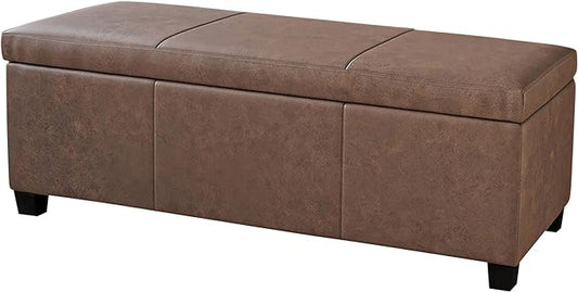 BELLEZE Storage Faux Leather Ottoman, 47 Inch Bench Bedroom Bench with Safety Close Hinge, Extra Long Ottoman with Storage for Living Room, Entryway, Foot Rest, Support 300lbs - Rustic Brown