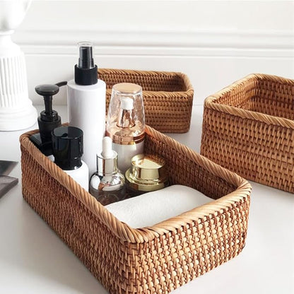 Rattan Storage Baskets, Wicker Baskets for Organizing, Hand Woven Fruit Basket, Decorative Baskets for Kitchen Counter, Living Room, Bathroom, Set of 3