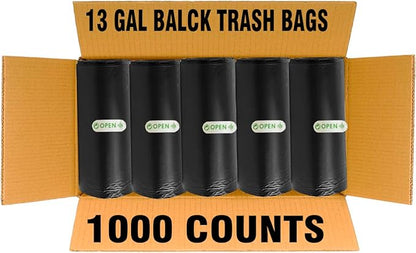 13 Gallon Trash Bags, 1000 Count Bulk Value Pack, Black Tall Kitchen Garbage bags, Multi-purpose Trash Can Bin Liners for Bathroom, Office, Industrial, Commercial, Janitorial, Municipal, Recycling