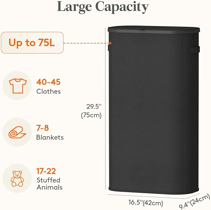 Lifewit 75L Slim Laundry Basket with Lid, Narrow Large Laundry Hamper with Plastic Handles and Removable Bag, Tall Foldable Dirty Clothes Hampers for Laundry Room, Bedroom, Bathroom, Dorm, Black