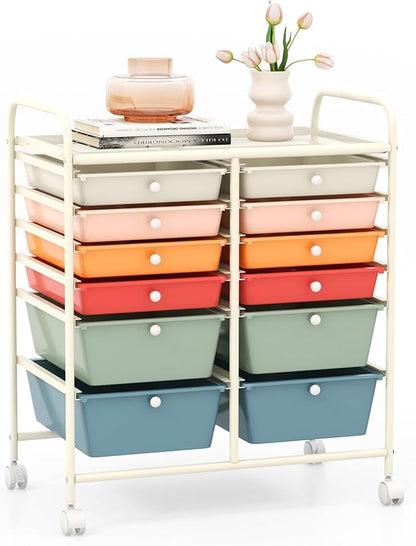 GOFLAME 12-Drawer Rolling Storage Cart, Multipurpose Organizer with 2 Sizes Plastic Drawers, Mobile Utility Cart with Lockable Casters for Home, Office, Beauty Salon, School, Macaron Color