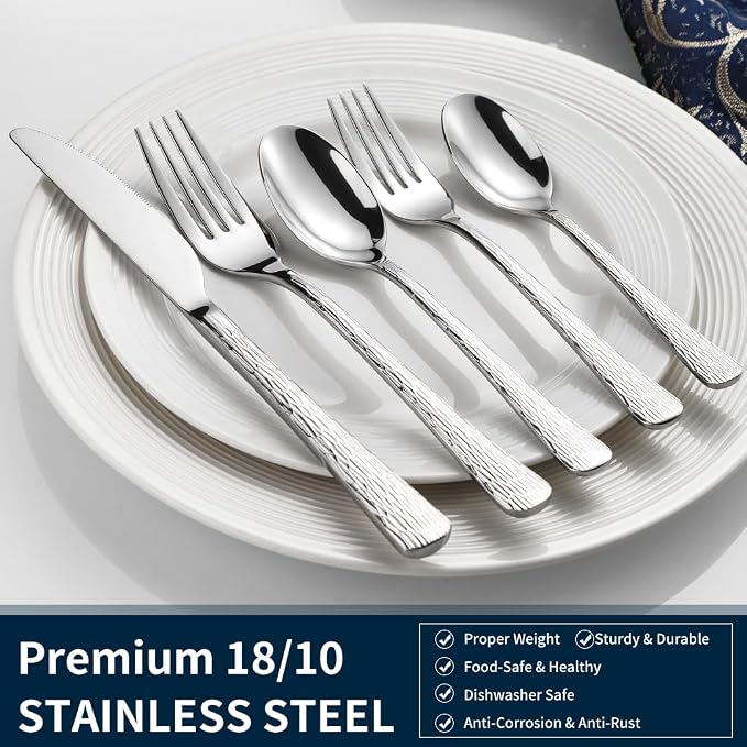 Black Hammered Silverware Set, Heavy Duty Flatware Set, 18/10 Stainless Steel