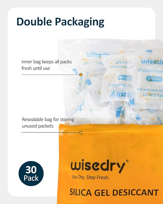 wisedry 10 Gram [30 Packs] Silica Gel Desiccant Packets Reusable for Moisture with Color Indicating Rechargeable Small Dessicant Packs Food Grade