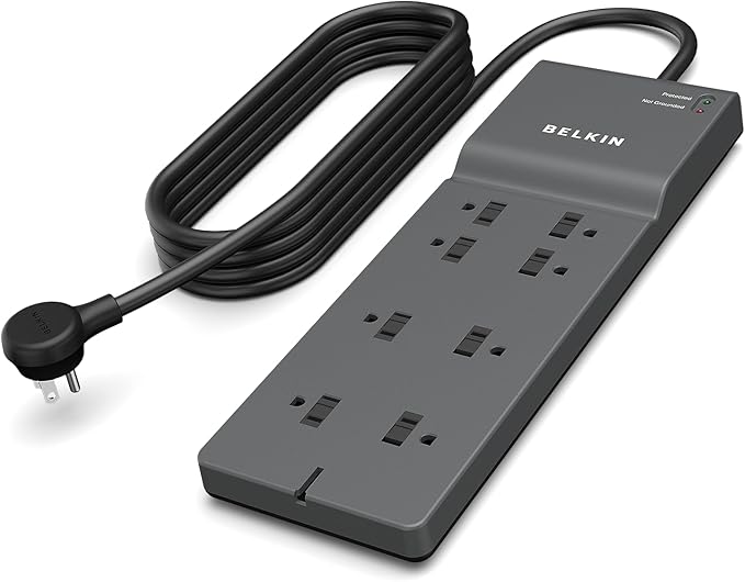 Belkin 8-Outlet Surge Protector w/ 8 AC Outlets & 8ft Long Flat Plug, UL-listed Heavy-Duty Extension Cord for Home, Office, Travel, Computer Desktop, Laptop, Phone Charger - 2,500 Joules of Protection
