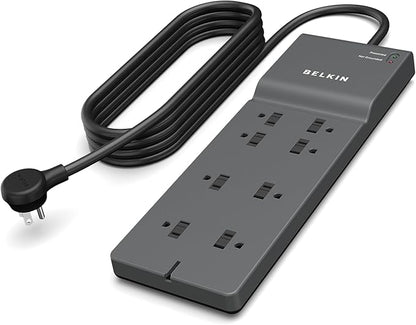 Belkin 8-Outlet Surge Protector w/ 8 AC Outlets & 8ft Long Flat Plug, UL-listed Heavy-Duty Extension Cord for Home, Office, Travel, Computer Desktop, Laptop, Phone Charger - 2,500 Joules of Protection