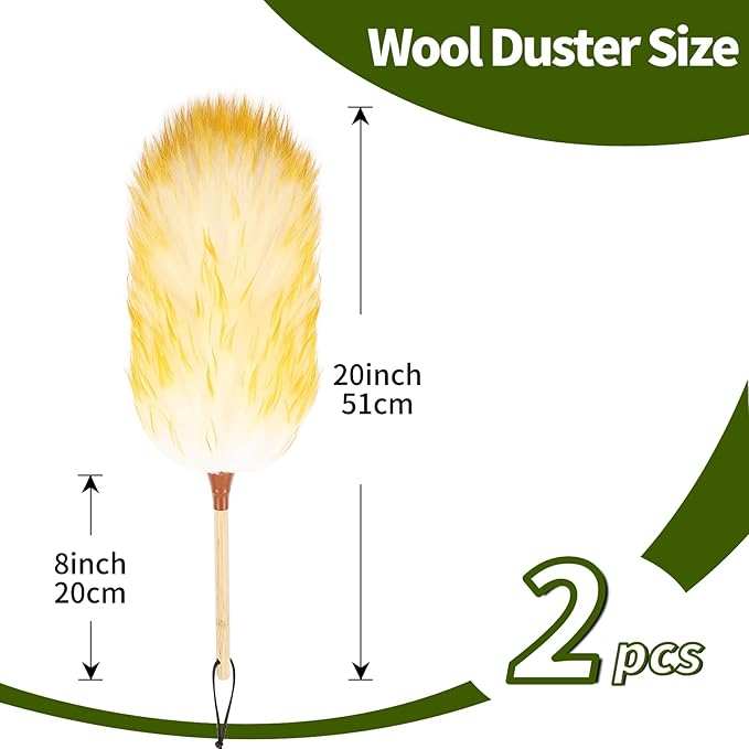Natural Lambswool Duster 20 Inch Handheld with Wooden Handle Duster Dusting Tool for Blinds Electronics Furniture Delicate Surfaces (2Pcs)