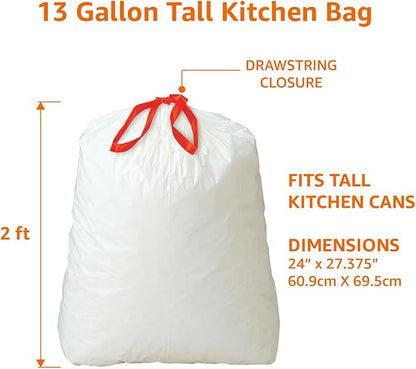 Amazon Basics 13 Gallon Tall Kitchen Drawstring Trash Bags, Unscented, 10% Post Consumer Recycled, 200 Count