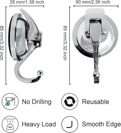 Heavy Duty Suction Cup Hooks for Shower, Bathroom Robe - Vacuum Glass Hooks, Reusable, No Hole Punched, for Garland Decoration (Silver, 2 Pack)