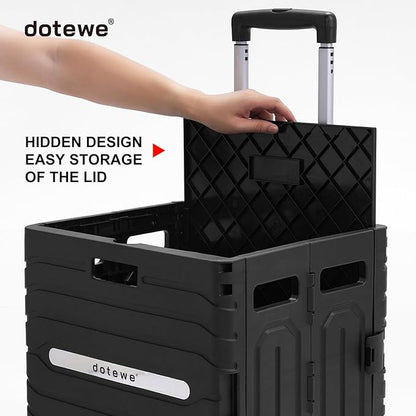 Folding Utility Cart Black Portable Rolling Crate Handcart Foldable Shopping Trolley Collapsible, with Lid, on Wheels, for Grocery, Garden, Office, Storage, Teacher, Tool (Black)
