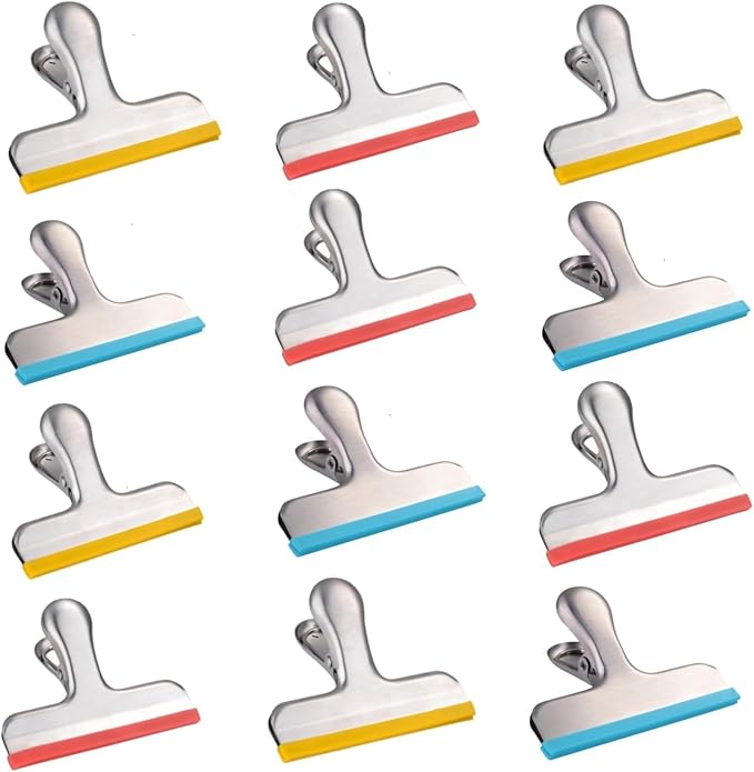 HOUSE AGAIN 12 Pack Stainless Steel Chip Bag Clips Covered with Silicone - NO More Sharp Edges - Color Coded for Food Bags - Air Tight Seal, Heavy Duty for Kitchen and Office, 3 Inches
