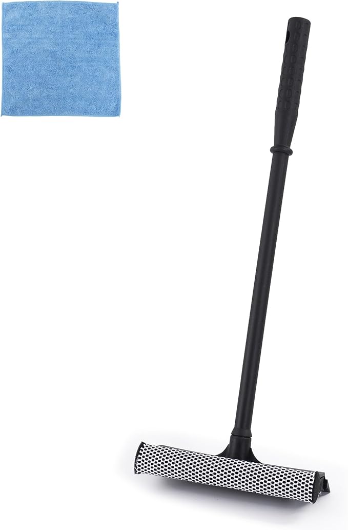 Matthew All Purpose Window Squeegee w/Premium Microfiber Cloth,Car Squeegee Windshield Cleaning Sponge and Rubber Squeegee,2-in-1 Window Cleaner Sponge(8'') and Soft Rubber with Pole 20''(1Pack)