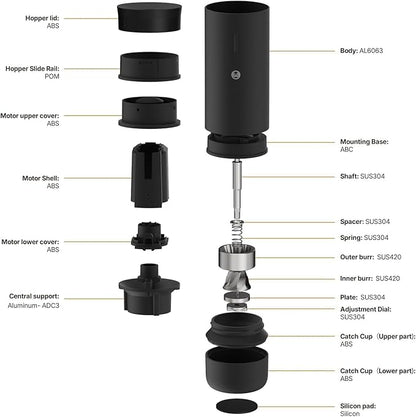 TIMEMORE Burr Coffee Grinder, Portable Electric Grinder with Metal Body, 30 Precise Settings for Espresso to French Press, Low Noise Design, Auto Stop & Clog Protection for Home & Outdoor Use (Black)