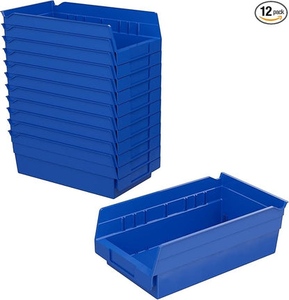 Akro-Mils 30130 Plastic Shelf Bins, Heavy Duty Storage Bins for Garage, Closet, and Drawer Organization, 12-Inch x 6-1/2-Inch x 4-Inch, Blue, 12-Pack