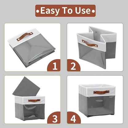 HNZIGE 11x11 Cube Storage Bins for Cube Organizer, Clear Fabric Storage Cubes for Storage Shelves, Collapsible Decorative Storage Bins for Clothes Closet Toys Cubby Storage Bin(White Gray 6 PCS