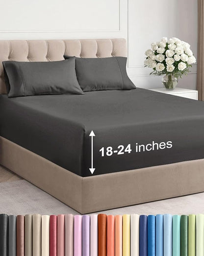 Extra Deep Pocket Cal King Sheets - 4 Piece Breathable & Cooling Bed Sheets - Hotel Luxury Bed Sheet Set - Soft, Wrinkle Free & Comfy - Easily Fits Extra Deep Mattresses - Deep Pocket Charcoal Sheets