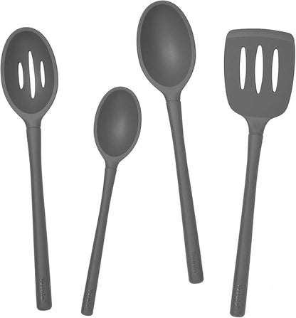 Tovolo Flex Core Silicone Kitchen Utensils Set Charcoal Gray BPA Free Set of 4 Bundle Deep Spoons Slotted Spatula Turner, Dishwasher Safe Heat Resistant Kitchen Utensils Set for Cooking Non Toxic