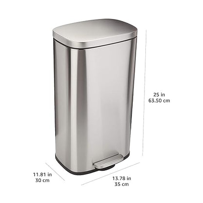 Amazon Basics Smudge Resistant Rectangular Trash Can With Soft-Close Foot Pedal, Brushed Stainless Steel, 30 litre/7.9 Gallon, Satin Nickel Finish, 13.8"L x 11.8"W x 25"H