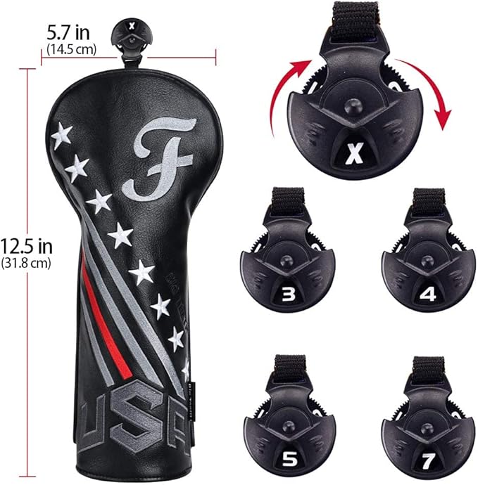Big Teeth Golf Cover USA Stripe and Star Headcover Covers, Driver Fairway Wood Hybrid Headcovers Fits Blade Mallet Putter Iron and Woods with Magnetic Club Protector Pu Leather Golf Accessories