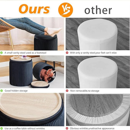 Round Ottoman with Storage Set of 2-Upholstered Velvet Vanity Stool for Makeup Multifunctional Ottomans Coffee Table Padded Seat Foot Rest for Living Room&Bedroom (Black-Upgrade Tray Lid)